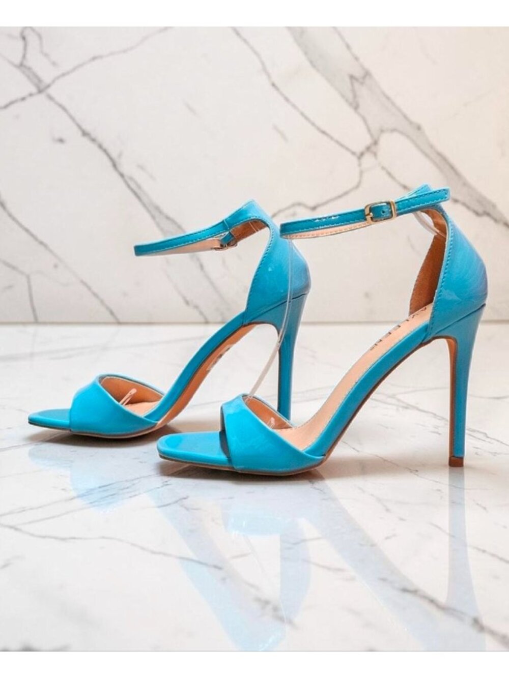Elegant Blue Patent Leather Stiletto Heels With Ankle Strap & Open Toe For Women - Picture 7 of 16